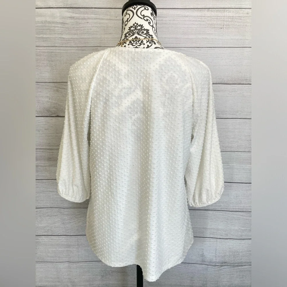 W5 | Women’s White Swiss Dot V-Neck 3/4 Sleeve Button Down Blouse - Picture 3 of 7
